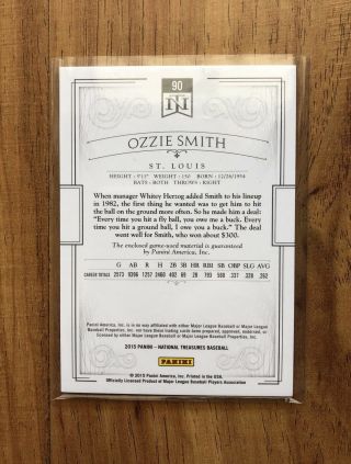 OZZIE SMITH 2015 National Treasures Game Bat Card 14/99 St.  Louis 2