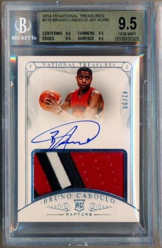 2014 Panini National Treasures Bruno Caboclo Auto Autograph Bgs 9.  5/9 Rc Patch