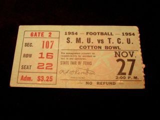 Football Ticket Stub Smu Mustangs/tcu Horned Frogs Cotton Bowl Nov 27,  1954 S 22
