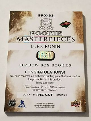 2017 - 18 The Cup Luke Kunin Rookie Masterpieces Rc Printing Plate 1/1 Shadow Box 2