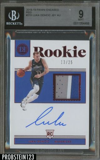 2018 - 19 Panini Encased Red 215 Luka Doncic Rpa Rc Rookie Patch Auto 13/25 Bgs 9
