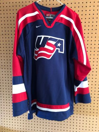 2002 Olympics Team Usa Hockey Jersey Nike Adult Xl Shirt Blue Sewn Stitched