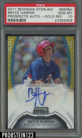 2011 Bowman Sterling Gold Refractor Bryce Harper Rc Rookie Auto 44/50 Psa 10