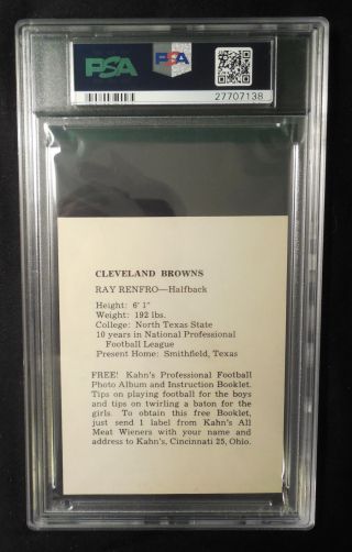 1961 Kahn ' s wiener football crd Ray Renfro Cleveland Browns PSA 8 NRMTMT HIGHEST 2