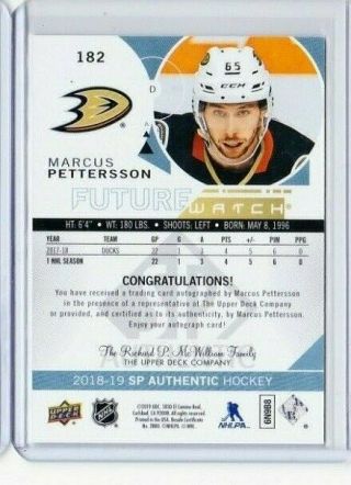 2018 - 19 UD SPA FUTURE WATCH MARCUS PETTERSSON 182 ROOKIE AUTO /999 DUCKS PD 2