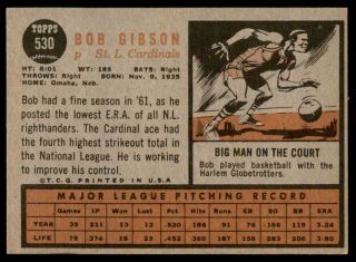 1962 TOPPS 530 BOB GIBSON CARDINALS EX - MT,  to NM 2