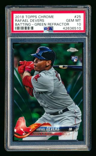 2018 Topps Chrome 25 Rafael Devers Rc Green Refractor Red Sox Sp 85/99 Psa 10