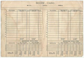 Cricket 1951 Score Card MCC vs India with advertisements RHODES NAVY CUT CIGG Ӝ 2