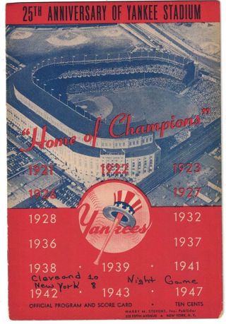 1948 Cleveland Indians At York Yankees Program (joe Dimaggio 2 Hits) Ex