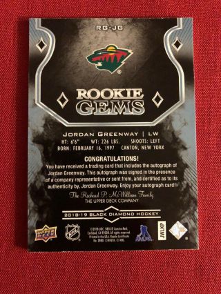 2018 - 19 Black Diamond Jordan Greenway Auto /199 Rookie Gems Minnesota Wild 2