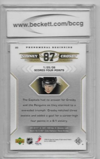 SIDNEY CROSBY ROOKIE 2005 - 06 UPPER DECK BCCG GRADED 10 PITTSBURGH PENGUINS RC 2
