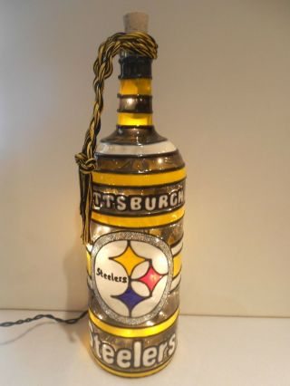 Pittsburgh Steelers Inspired Wine Bottle Lamp Lighted Handpainted Stained Glass