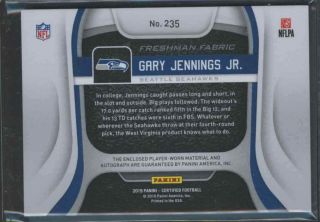 2019 Certified Rookie Patch Autograph Gary Jennings JR.  Auto RC /499 Seahawks 2
