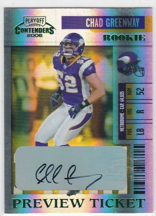 2006 Playoff Contenders Chad Greenway Preview Ticket Auto Rc 69/100