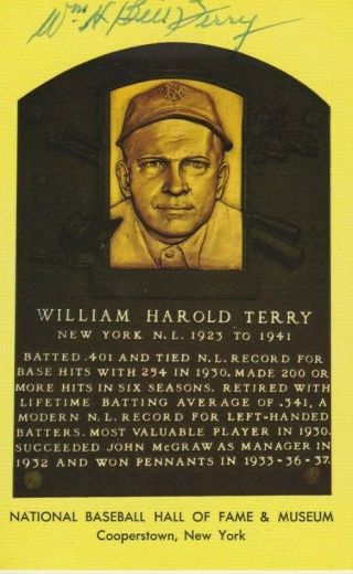 Bill Terry Signed Autograph Hof Plaque Postcard Hall Of Fame York Giants