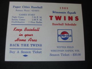 1968 Wisconsin Rapids Twins Midwest League Baseball Pocket Schedule