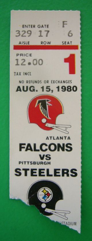 1980 Atlanta Falcons Vs Pittsburgh Steelers Ticket Stub