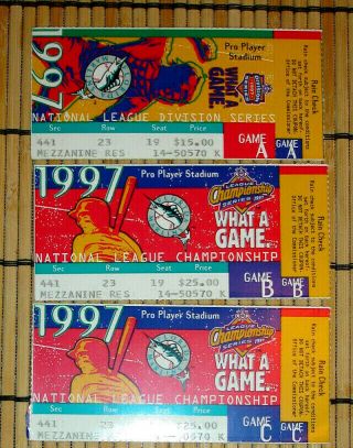 MIAMI MARLINS - 4 1997 NATIONAL LEAGUE CHAMPIONSHIP SERIES TICKETS INCL 1 COMPLETE 2