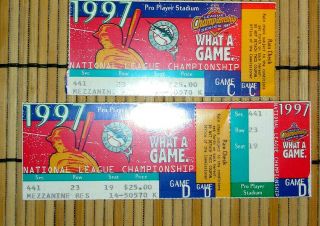 MIAMI MARLINS - 4 1997 NATIONAL LEAGUE CHAMPIONSHIP SERIES TICKETS INCL 1 COMPLETE 3