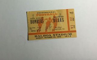 1942 Pacific Coast Professional Football League San Diego Bombers Ticket Stub