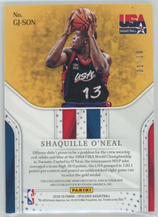 SHAQUILLE O’NEAL 2018 - 19 OPULENCE TEAM USA GAME PATCH AUTO 1/10 LAKERS JBS 2