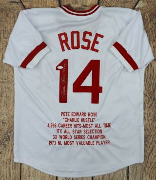 Pete Rose Signed Custom " Charlie Hustle " White Stat Jersey Jsa Authenticated
