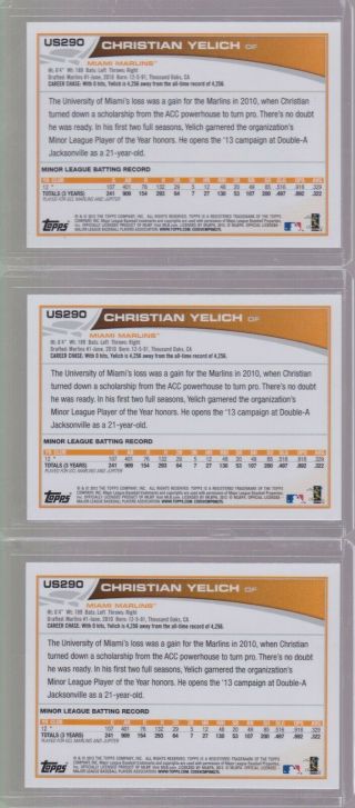 [3 LOT] 2013 Topps Update CHRISTIAN YELICH RC Rookie US290 2