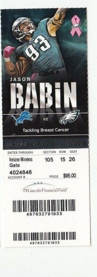 2012 Philadelphia Eagles Vs Detroit Lions Ticket Stub 10/14 Jason Babin