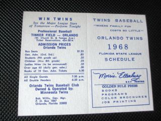 1968 Orlando Twins Florida State League Baseball Pocket Schedule