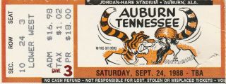 Old Vintage 1988 Auburn Vs Tennessee Football Ticket Stub Jordan Hare Stadium