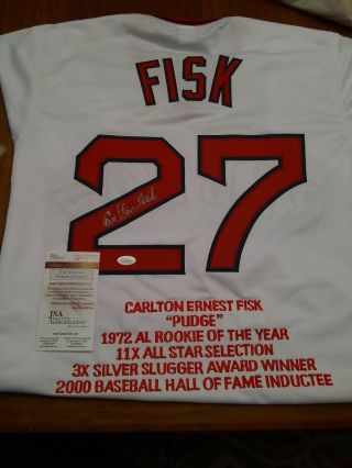 Carlton Fisk Autographed Boston Red Sox Stat Jersey Jsa Certified