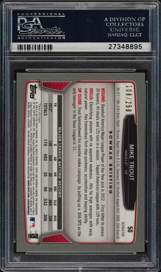 2013 Bowman Chrome Blue Refractor Mike Trout ROOKIE RC /250 50 PSA 10 (PWCC) 2