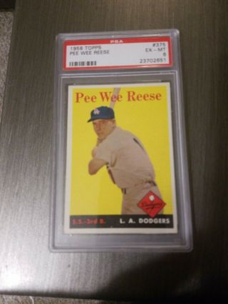 1958 Topps Pee Wee Reese 375 Baseball Card Graded Psa 6 Ex - Mt