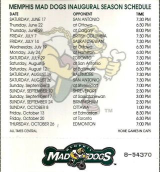 Cfl Memphis Mad Dogs Complete 1995 Schedule - From Sheet Of Season Tickets