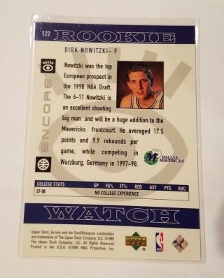 1998 Upper Deck Encore Rookie Watch Dirk Nowitzki Rookie Card Card 122 2