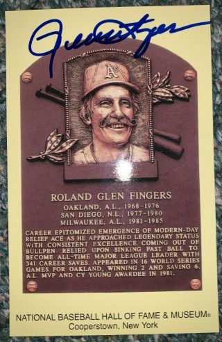 Rollie Fingers Signed Autograph Hof Plaque Postcard Hall Of Fame Athletics
