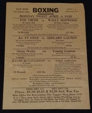 April 1925 - Boxing Event Advertising Window Poster - Elm Rink Bedford,  Mass