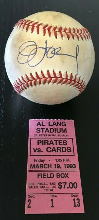 Hand Signed Jim Leland Rawlings William D.  White Baseball & Ticket Stub W/coa
