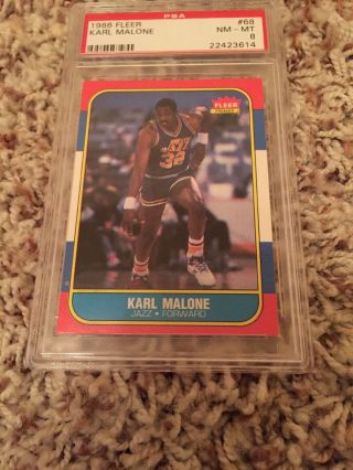 1986 Fleer Basketball 68 Karl Malone Utah Jazz Rc Rookie Hof Psa 8 Nm - Mt