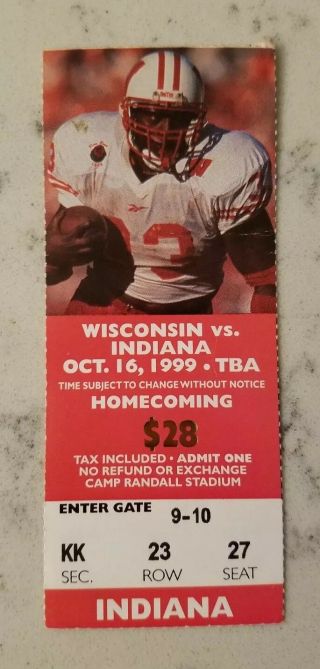 Wisconsin Badgers Indiana Hoosiers Football Ticket Stub 10/16 1999 Ron Dayne Tds