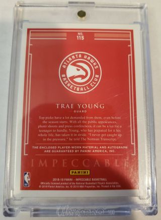 Trae Young 2018 - 19 Impeccable Elegance 3 - Clr RPA Rookie Patch Auto /99 RC Hawks 2