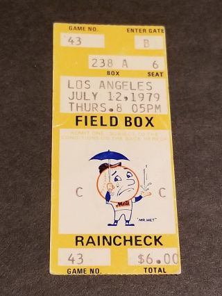 Ticket Stub July 12 1979 York Mets Vs Los Angeles Dodgers Cond.
