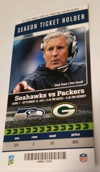 9 - 24 - 12 Nfl Green Bay Packers @ Seahawks Ticket Stub - Fail Mary Aaron Rodgers