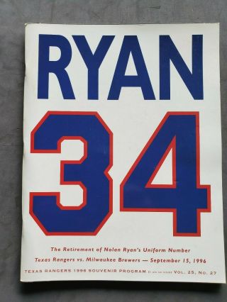 Texas Rangers Nolan Ryan 34 Retirement Program September 15,  1996