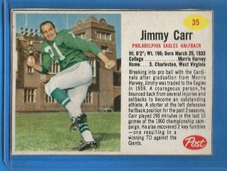 1962 Post Cereal Football Card 35 Jimmy Carr (sp) - Philadelphia Eagles
