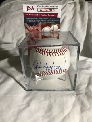 Rickey Henderson Autographed Mlb Baseball W/inscrip “hof 2009” Jsa Oakland A’s
