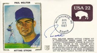 Paul Molitor Signed 39 - Game Hit Streak Z Silk Cachet Fdc 8/25/87 Milwaukee