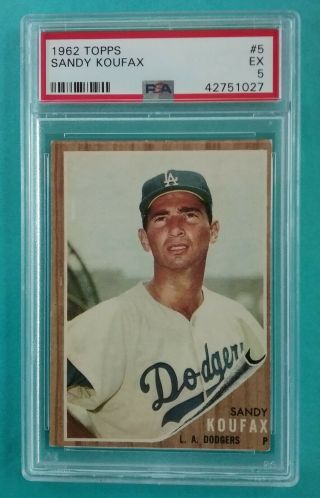1962 Topps Sandy Koufax Card 5.  Hof Dodgers.  Psa 5 Ex.  Sharp Photo