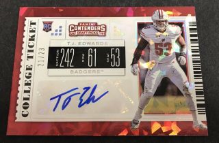 2019 Contenders Tj Edwards /23 Cracked Ice Auto Rookie Wisconsin Badgers Eagles