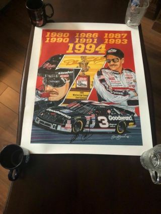 Dale Earnhardt Autographed 24x30 Sam Bass Art Print 7 Time Nascar Champion